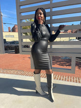 Load image into Gallery viewer, The Faux Leather Puff Sleeve Dress (Black)