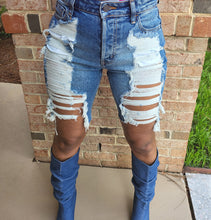 Load image into Gallery viewer, High Rise Distressed Bermuda Jean Shorts (Medium Blue)