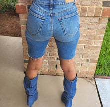 Load image into Gallery viewer, High Rise Distressed Bermuda Jean Shorts (Medium Blue)