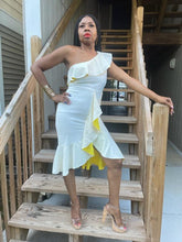 Load image into Gallery viewer, Color Block One Shoulder Ruffle Dress (White/Yellow)