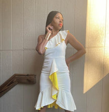 Load image into Gallery viewer, Color Block One Shoulder Ruffle Dress (White/Yellow)